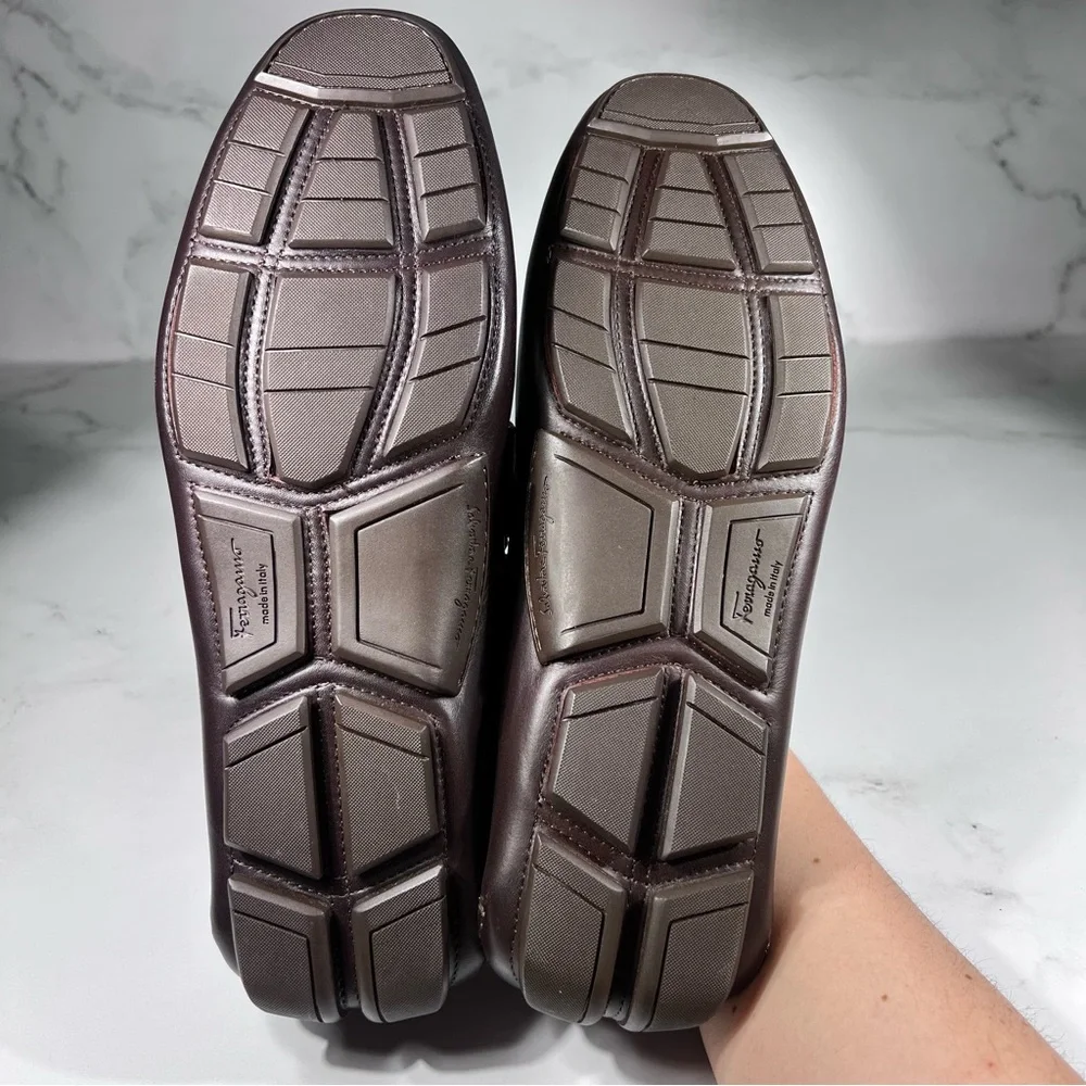 Salvatore Ferragamo Peter Hickory Light Grey Leather Slip On Driver Loafers